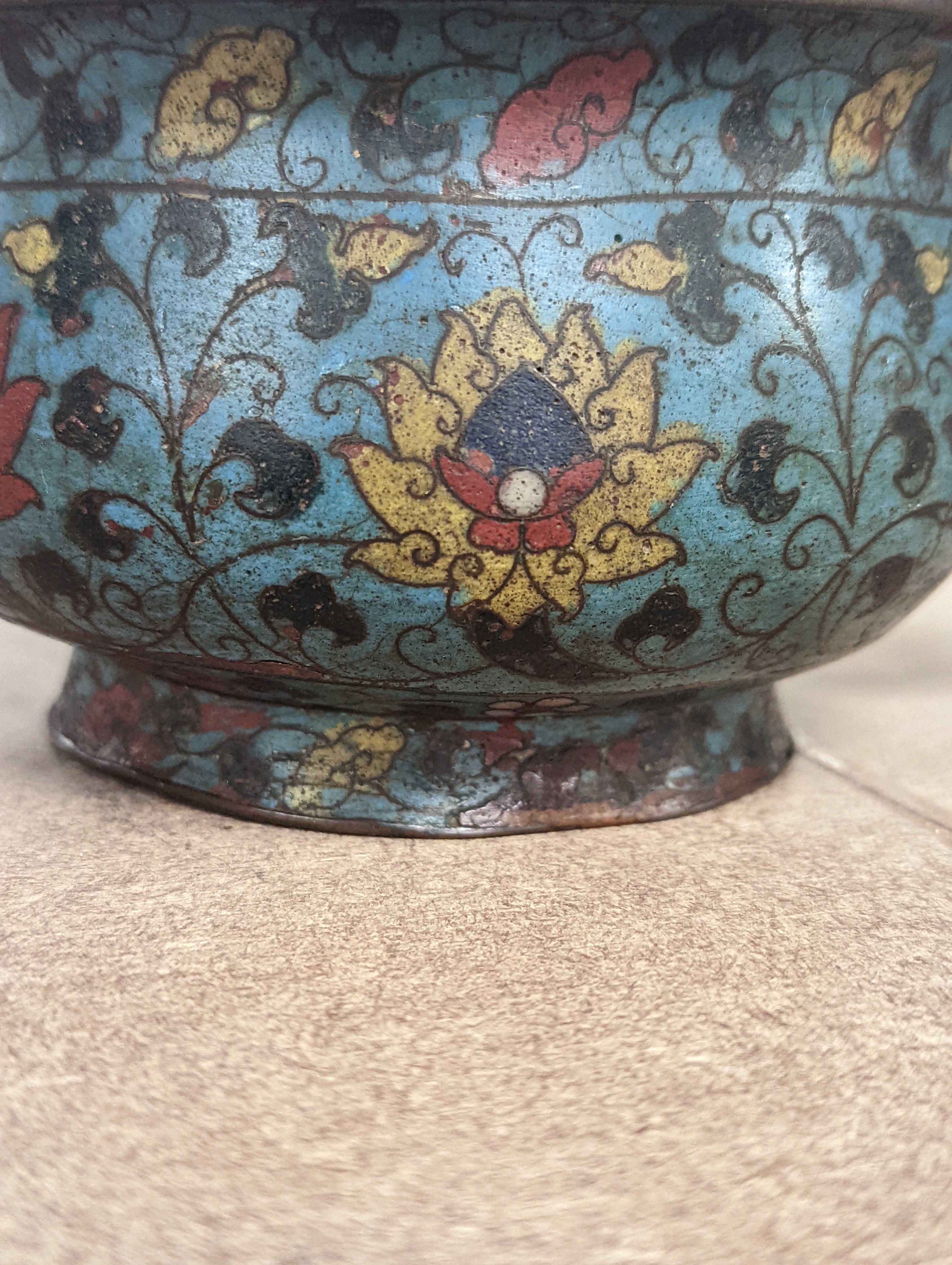 A Chinese late Ming dynasty bronze and cloisonné enamel ding censer 18cm